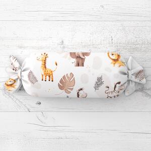Biante Dětský polštář válec bonbon Sandra SA-757 Hnědo-oranžová safari zvířátka na bílém 15x40 cm