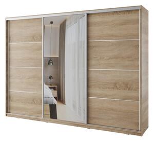 Šatní skříň NEJBY BARNABA 280 cm s posuvnými dveřmi,zrcadlem,4 šuplíky, 2 šatními tyčemi,dub sonoma
