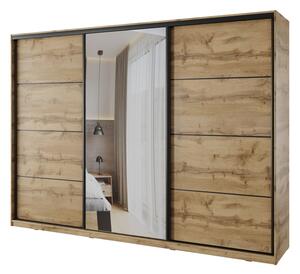 Šatní skříň NEJBY BARNABA 280 cm s posuvnými dveřmi,zrcadlem,4 šuplíky a 2 šatními tyčemi,dub wotan