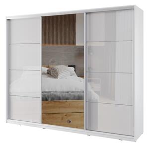 Šatní skříň NEJBY BARNABA 250 cm s posuvnými dveřmi, zrcadlem,4 šuplíky a 2 šatními tyčemi,bílý lesk