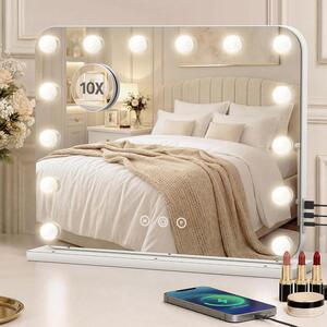 LED zrcadlo – Kosmetické zrcadlo s 14 stmívatelnými lampami – 3 světelné režimy – Ovládání dotykem – USB – Port typu C – Vhodné na stůl nebo na zeď