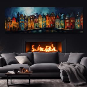 Obraz na plátně - Ulice v Lienes se svítícími domy FeelHappy.cz Velikost obrazu: 120 x 40 cm
