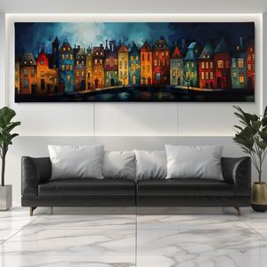 Obraz na plátně - Ulice v Lienes se svítícími domy FeelHappy.cz Velikost obrazu: 120 x 40 cm