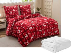 Sada mikroplyšového povlečení VELVET CHRISTMAS červené + prostěradlo mikroplyš SOFT 90x200 cm bílé, jednolůžko