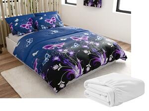 Sada mikroplyšového povlečení VIOLET BUTTERFLY tmavě modré + prostěradlo mikroplyš SOFT 180x200 cm bílé, dvoulůžko