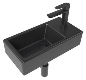 Koupelnový set pravého závěsného umývátka Brevis 40,5 cm, pákové baterie, sifonu, průtočné zátky a roháčků v černé barvě KSETBRE2PBKM