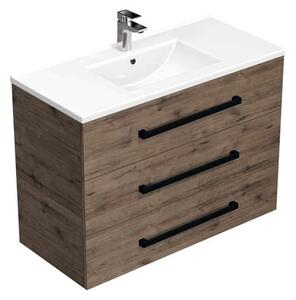 Koupelnová skříňka s černou úchytkou a umyvadlem SAT Cube Way 100x76,5x46 cm dub Wellington mat CUBE46C1003DWMOD