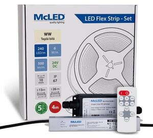 McLED LED pásek - sada 4 m + Přijímač Nano IP67, 240 LED/m, WW, 6 W/m, DC 24V, 500 lm/m, CRI90, IP67, 10 mm, vodič 3 m ML-126.034.90.S04002