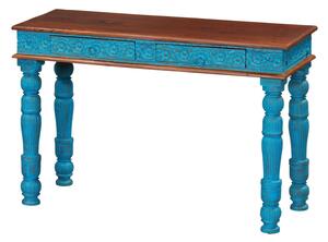 Konzolový stolek z teakového dřeva, ruční řezby, tyrkysová patina, 120x45x79cm
