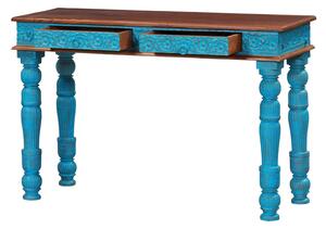 Konzolový stolek z teakového dřeva, ruční řezby, tyrkysová patina, 120x45x79cm
