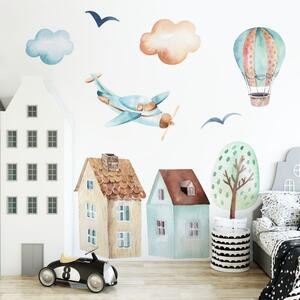Dětská nálepka na zeď Boys world - letadlo, balón, domy a strom