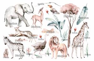 Dětská nálepka na zeď Savanna - slon, nosorožec, žirafa, lev a jiná zvířata