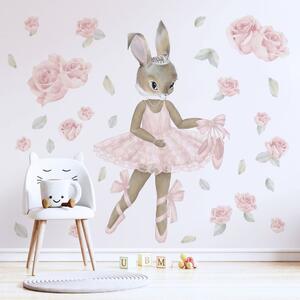 Dětská nálepka na zeď Pastel bunnies - zajíček, baletka a růže Rozměry: L