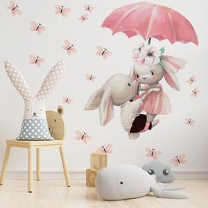 Dětská nálepka na zeď Zajíčky s deštníkem, motýli