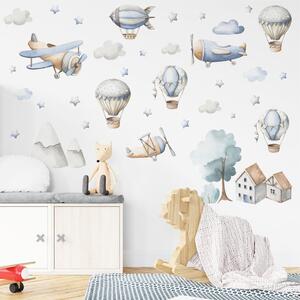 Dětská nálepka na zeď Boys world - letadla, balóny, vzducholoď a domy