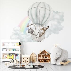 Dětská nálepka na zeď Adventure in the sky - kočka, pejsek a husa v balonu Rozměry: 100 x 76 cm