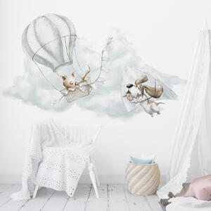 Dětská nálepka na zeď Adventure in the sky - kočka v balónu a pejsek na rogalu Rozměry: 100 x 55 cm