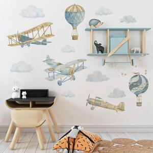 Dětská nálepka na zeď Retro balloons and airplanes - letadla, balóny a mraky