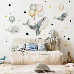Dětská nálepka na zeď Magic ocean - modré velryby s balony Rozměry: 100 x 100 cm