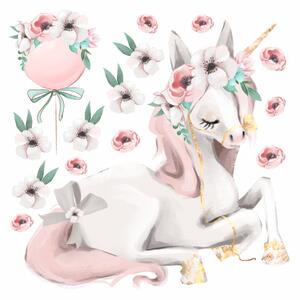 Dětská nálepka na zeď Pastel unicorns - jednorožec, květiny a balón