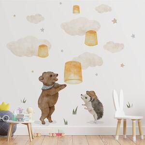 Dětská nálepka na zeď Magical animals - medvídek, ježek a lampiony