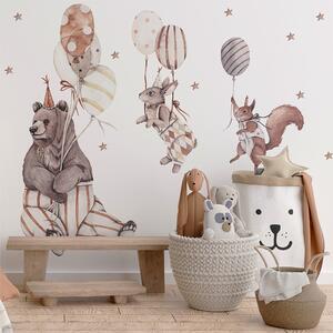 Dětská nálepka na zeď Party animals - medvídek, zajíček a veverka s balony