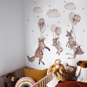 Dětská nálepka na zeď Party animals - srnka, zajíček a liška s balony