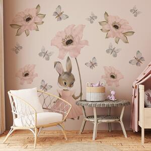 Dětská nálepka na zeď Pastel bunnies - zajíček, květiny a motýly Rozměry: XL