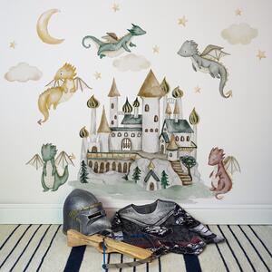 Dětská nálepka na zeď The world of dragons - draci, zámek, měsíc a hvězdy