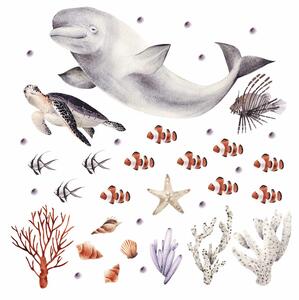 Dětská nálepka na zeď Ocean - běluha, želva a ryby