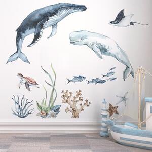 Dětská nálepka na zeď Ocean - velryba, běluha, želva a rejnok