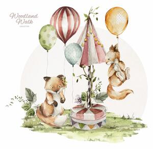 Dětská nálepka na zeď Woodland walk - liška a veverka s balónky Rozměry: 70 x 68 cm