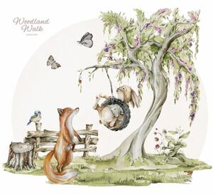 Dětská nálepka na zeď Woodland walk - liška a zajíček na houpačce Rozměry: 110 x 93 cm