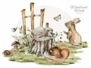 Dětská nálepka na zeď Woodland walk - ježek, zajíček a liška Rozměry: 95 x 69 cm