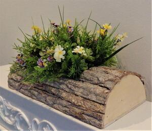Aranžmá - dřevěná nádoba kůra s jarním kvítím, d. 40cm