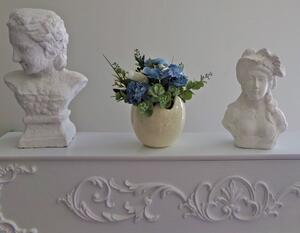 Květinové aranžmá v keramické nádobě - modrá hortenzie, dahlie, v. 20cm
