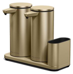 Simplehuman bezdotykový dávkovač, dvojitý, 2x 414 ml + držák na houbičku, matná zlatá ocel