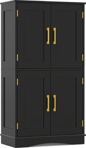 COSTWAY 110 cm dřevěná skříňka volně stojící spižírna se 4 dvířky 2 nastavitelnými policemi, kuchyňská skříňka s ochranou proti překlopení černá
