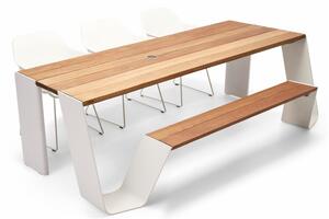Extremis Jídelní stůl s integrovanou lavicí na jedné straně Hopper combo 240, Extremis, 238x123x74 cm, rám lakovaný hliník barva černá (RAL 9005), deska a sedací část iroko