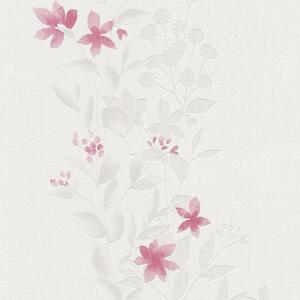 Vliesové tapety na zeď Blooming 37266-4, rozměr 10,05 m x 0,53 m, růžové květy se zelenými listy na bílém podkladu, A.S. CRÉATION