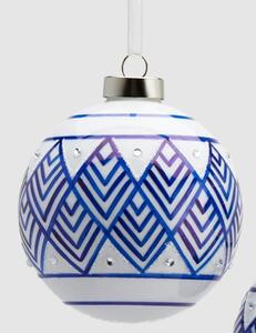 Vánoční skleněná ozdoba s modrým vzorem bílá 1ks, 10 cm - Koule