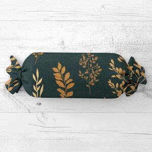Biante Polštář válec bonbon Sandra SA-742 Zlaté větvičky s lístky na tmavě zeleném 15x40 cm