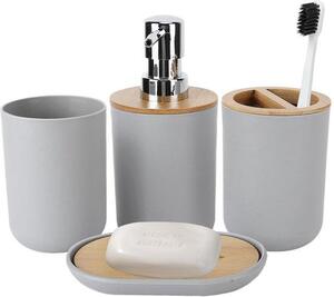 Ibenzoa® Moderní koupelnová sada, 4 kusy – držák na zubní kartáčky, kelímek na zubní kartáčky, dávkovač mýdla a podložka na mýdlo, šedá barva s bambusovými prvky, plast