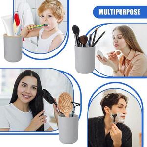 Ibenzoa® Moderní koupelnová sada, 4 kusy – držák na zubní kartáčky, kelímek na zubní kartáčky, dávkovač mýdla a podložka na mýdlo, šedá barva s bambusovými prvky, plast