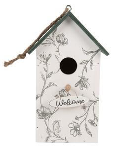 Bílá dřevěná budka pro ptáčky s listy a cedulí Welcome – 15x10x22 cm