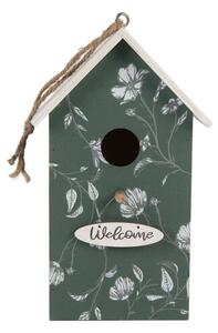 Zelená dřevěná budka pro ptáčky s listy a cedulí Welcome – 15x10x22 cm