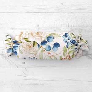 Biante Polštář válec bonbon Sandra SA-668 Květy a modro-zelené listy na bílém 15x40 cm