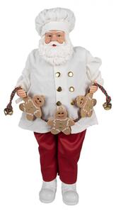 Bílá vánoční dekorace Santa Claus s červenými kalhoty držící řetěz se třemi perníčkami – 50 cm