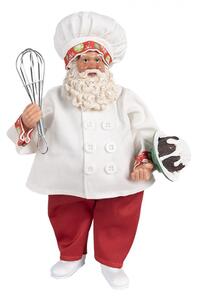 Bílá vánoční dekorace Santa Claus s kuchařskou čepicí držící dortík s polevou s metličkou – 27 cm