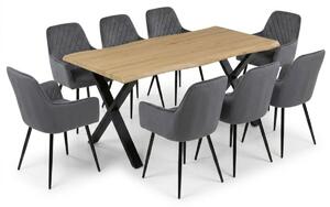 Vikio Jídelní set pro 8 osob 180x90 cm soft dub noha X šedá židle s područkami VJS228-8S